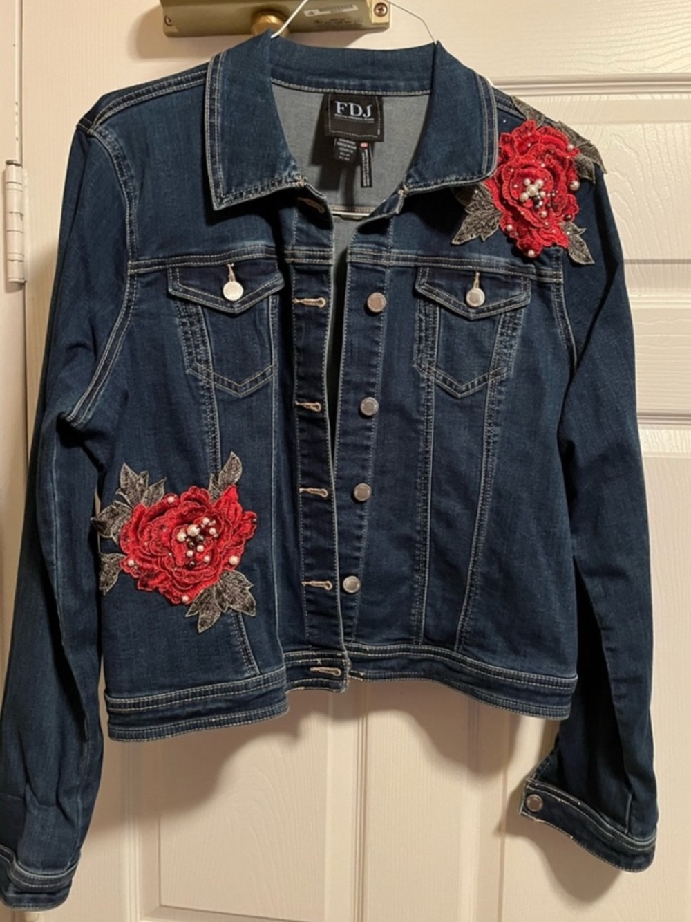 FDJ Dark Blue Denim Jacket with Red Floral Appliqués